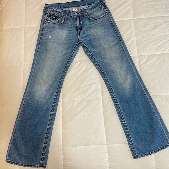Rare Vintage True Religion Jeans Size 34 Bootcut Thick Blue Distressed Denim - Picture 2 of 11